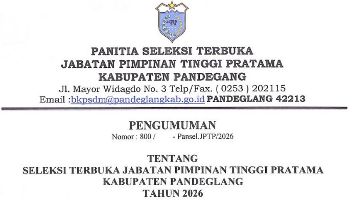 Pengumuman Seleksi Terbuka Jabatan Pimpinan Tinggi Pratama Kabupaten Pandeglang Tahun 2026